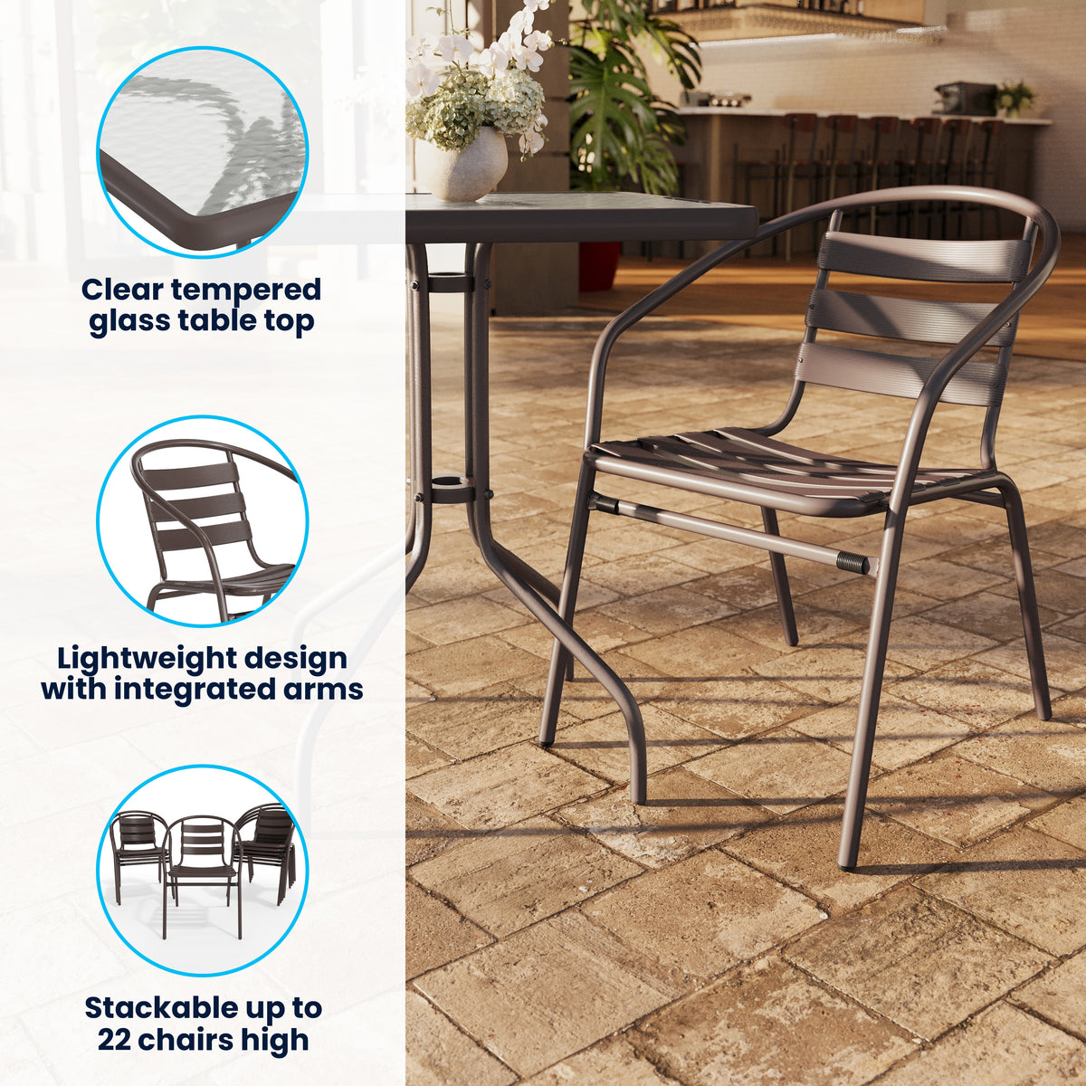 Lila 23.5'' Square Glass Metal Table with 2 Metal Aluminum Slat Stack Chairs