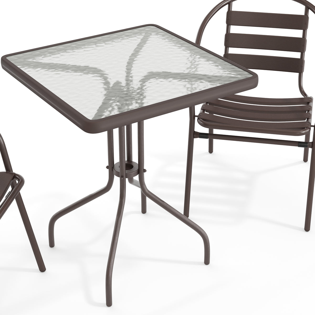 Lila 23.5'' Square Glass Metal Table with 2 Metal Aluminum Slat Stack Chairs