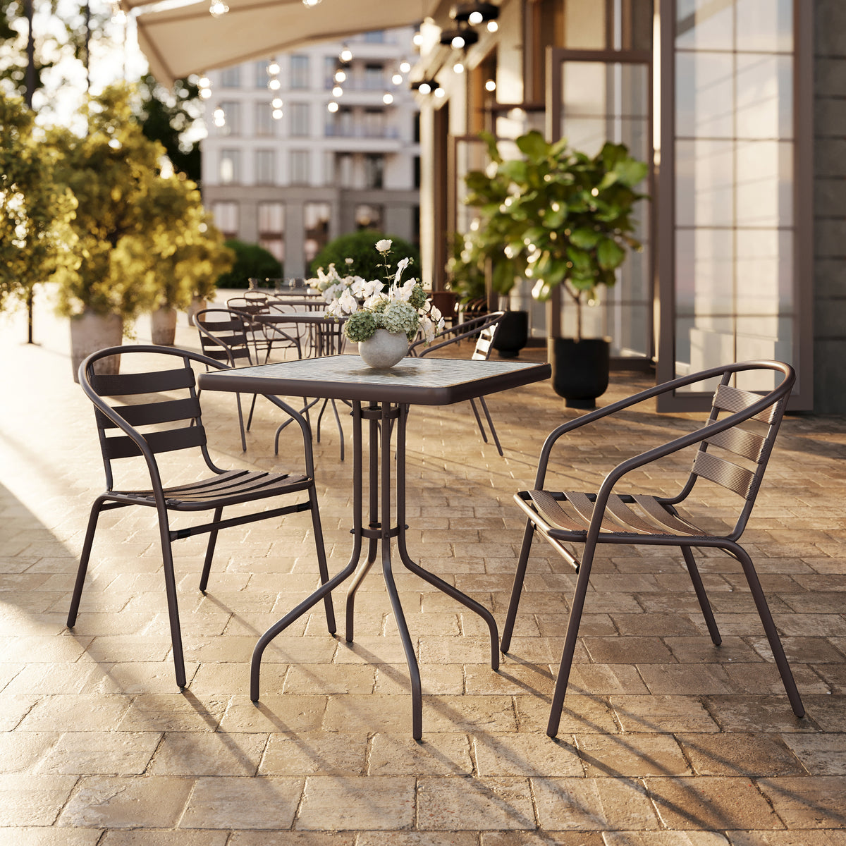 Lila 23.5'' Square Glass Metal Table with 2 Metal Aluminum Slat Stack Chairs