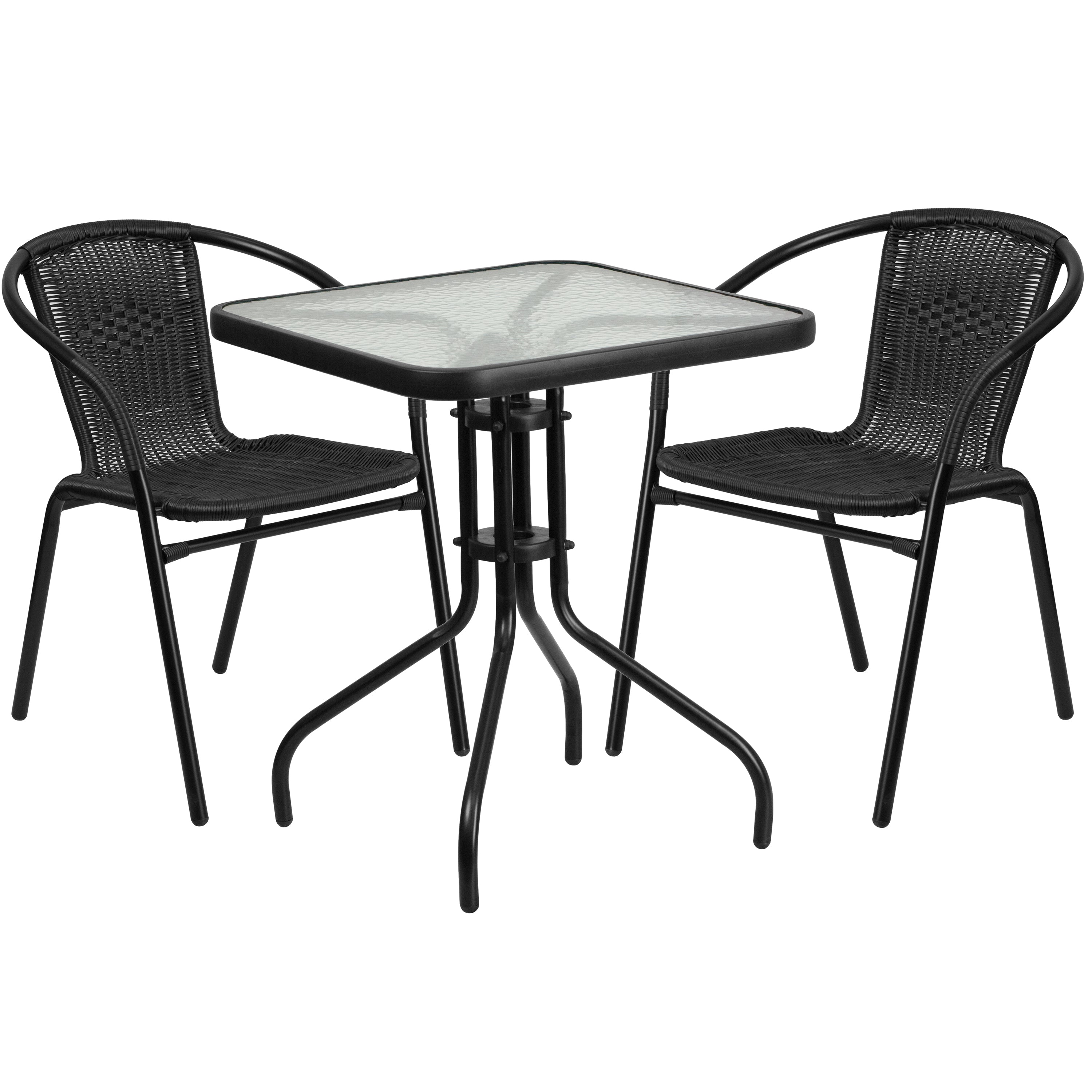Lila 23.5'' Square Glass Metal Table with 2 Rattan Stack Chairs-Indoor/Outdoor Dining Sets-Flash Furniture-Wall2Wall Furnishings