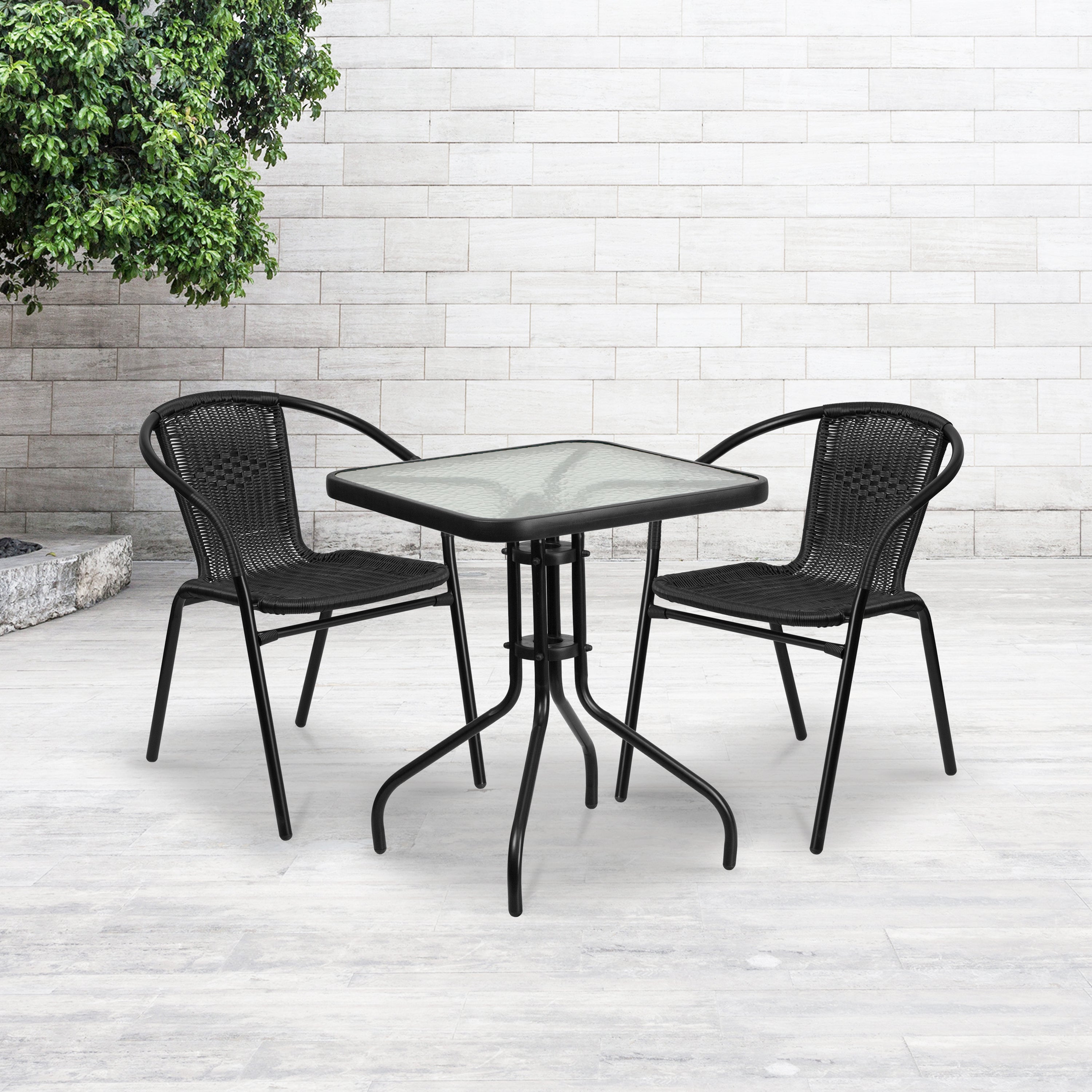 Lila 23.5'' Square Glass Metal Table with 2 Rattan Stack Chairs-Indoor/Outdoor Dining Sets-Flash Furniture-Wall2Wall Furnishings