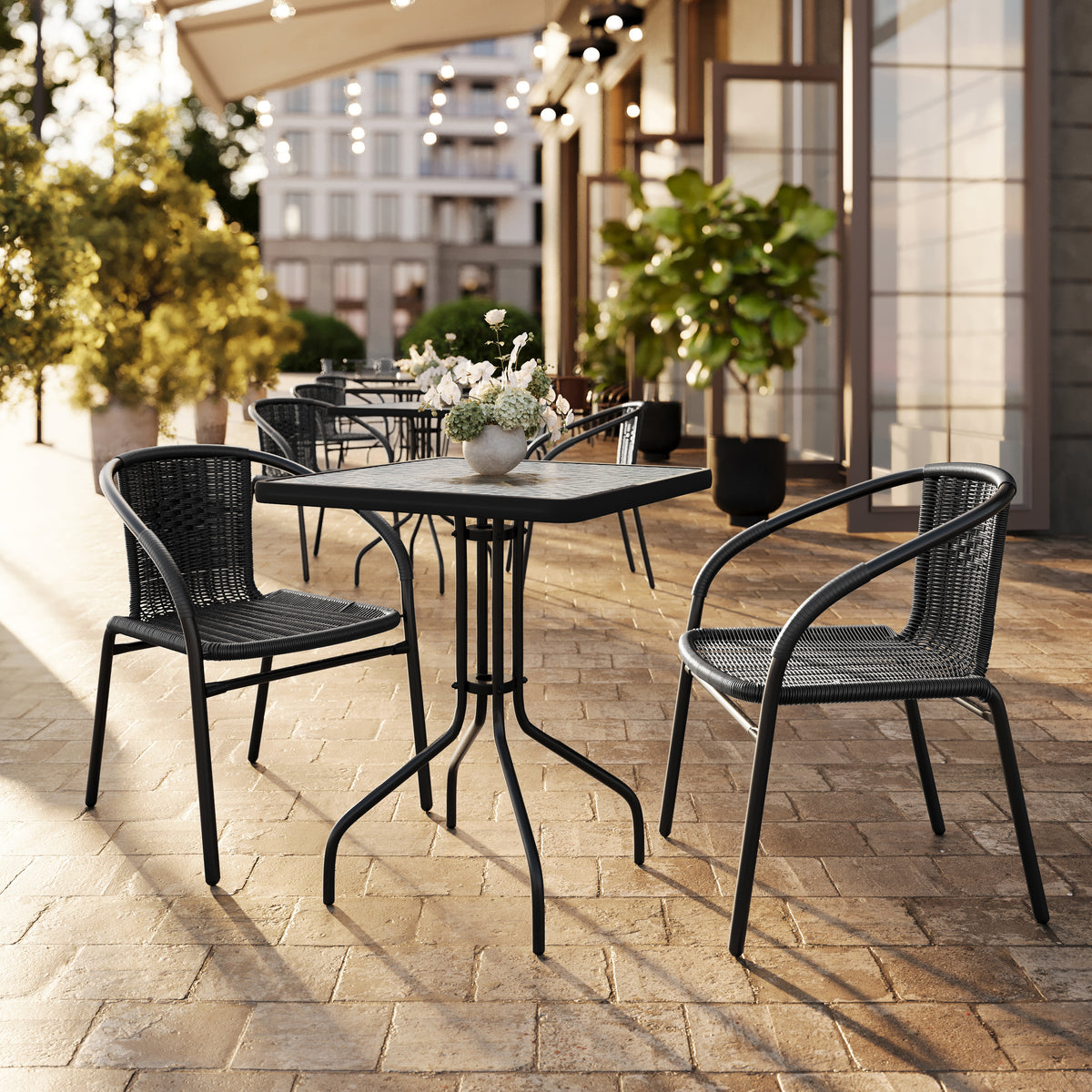 Lila 23.5'' Square Glass Metal Table with 2 Rattan Stack Chairs