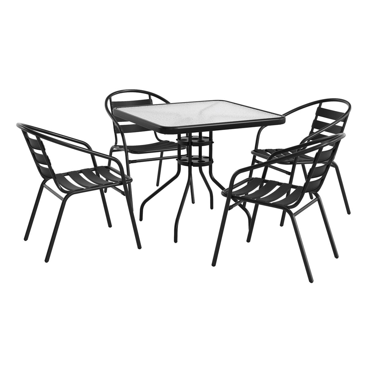 Lila 31.5'' Square Glass Metal Table with 4 Metal Aluminum Slat Stack Chairs