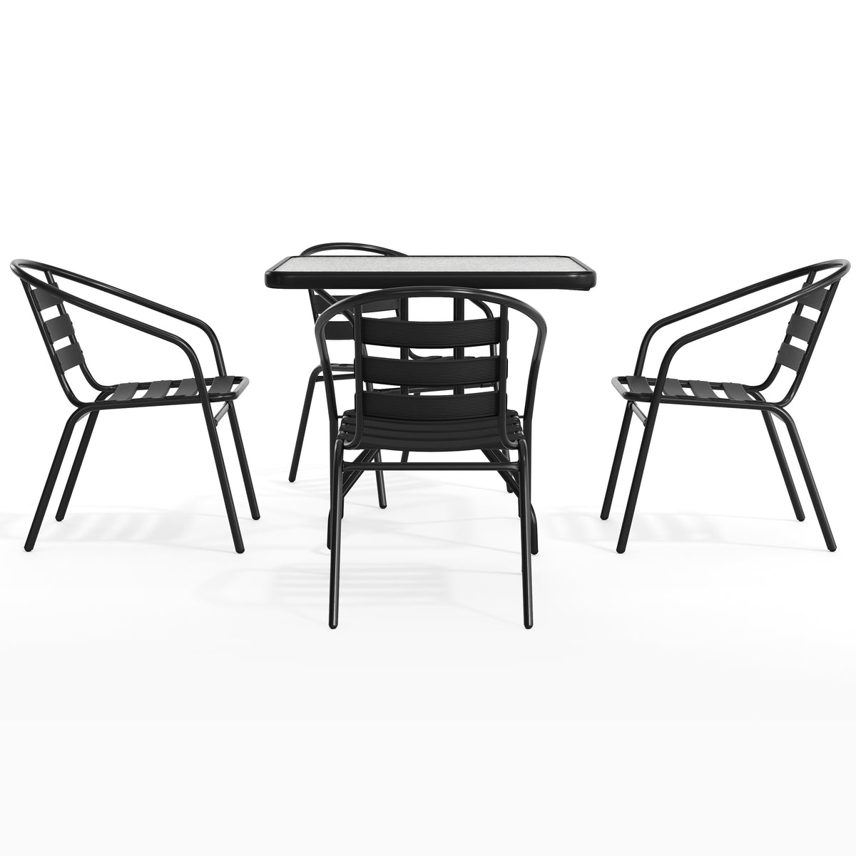 Lila 31.5'' Square Glass Metal Table with 4 Metal Aluminum Slat Stack Chairs
