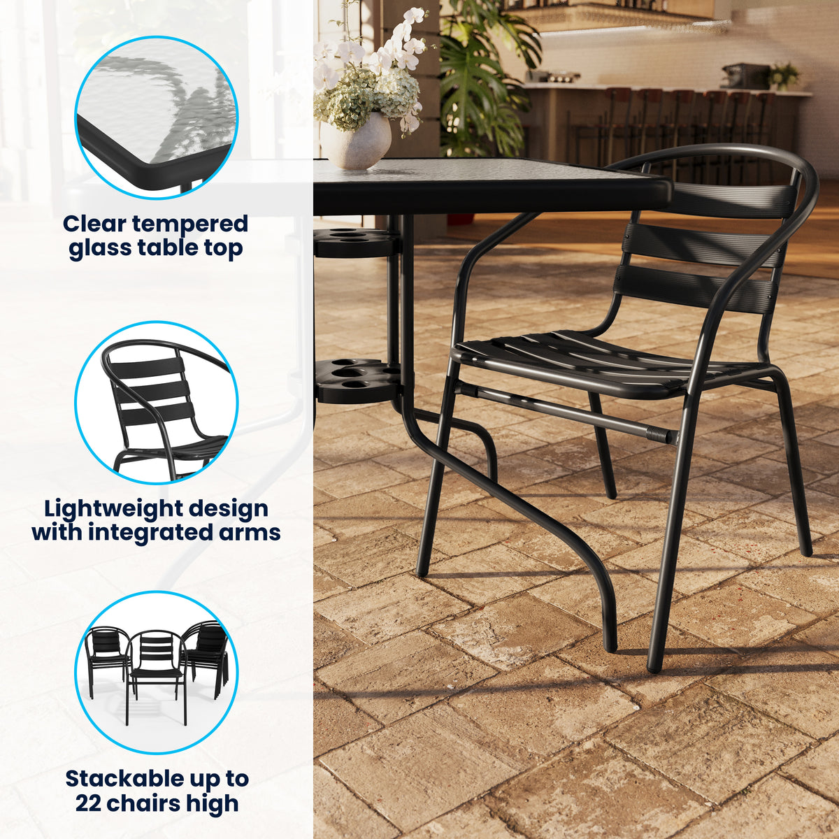 Lila 31.5'' Square Glass Metal Table with 4 Metal Aluminum Slat Stack Chairs