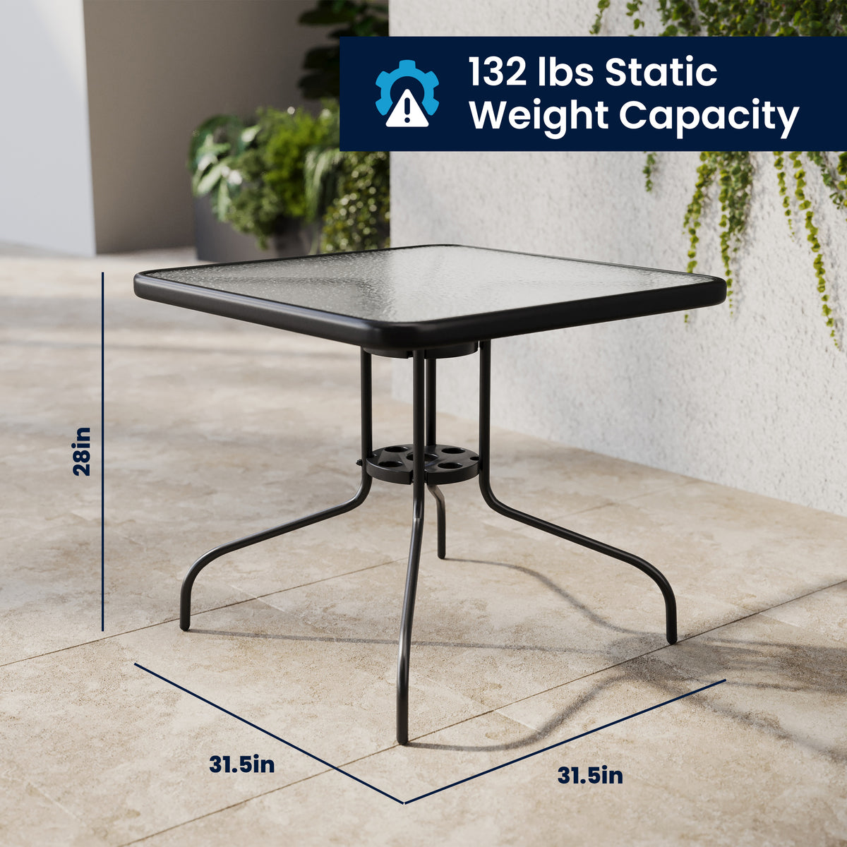 Lila 31.5'' Square Glass Metal Table with 4 Metal Aluminum Slat Stack Chairs