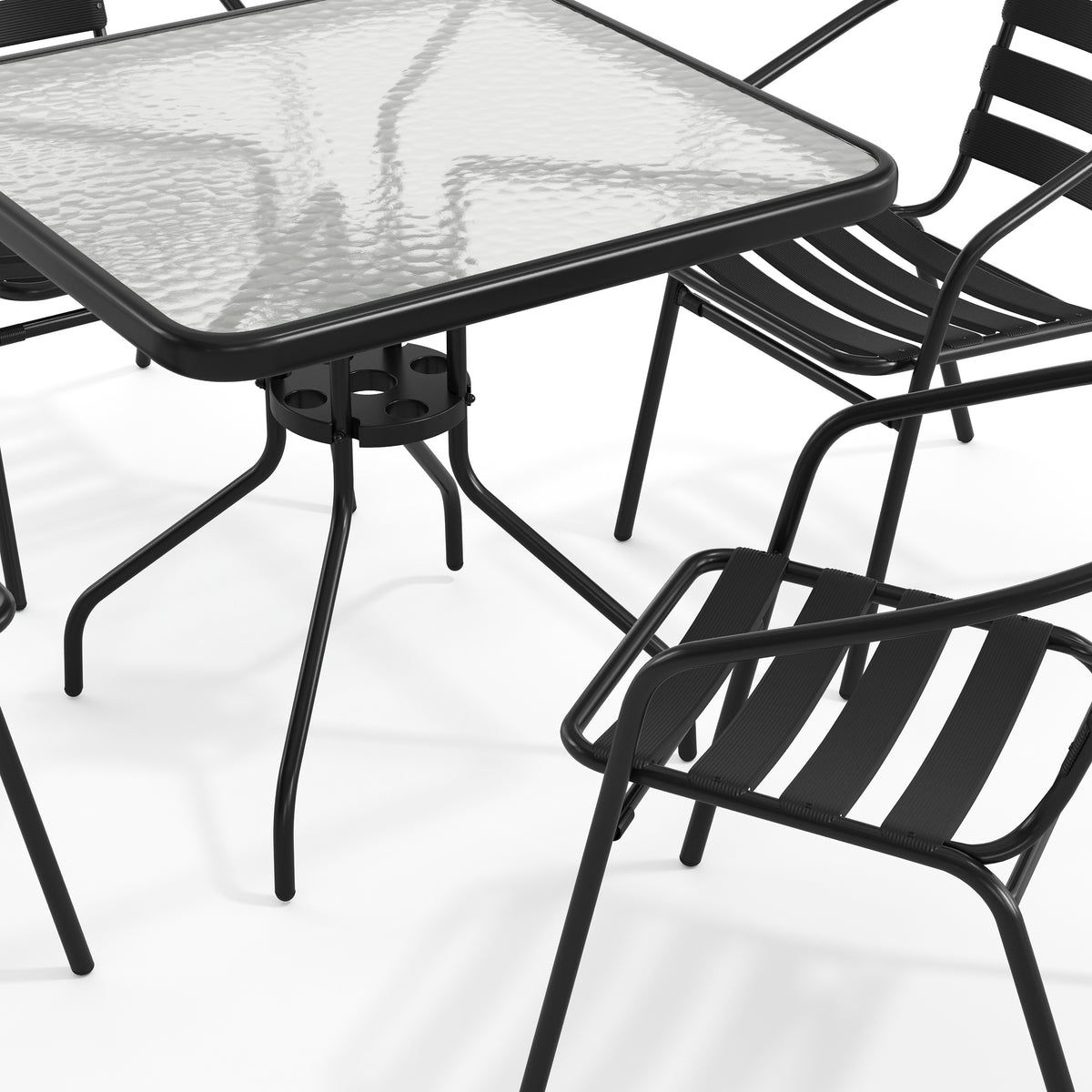 Lila 31.5'' Square Glass Metal Table with 4 Metal Aluminum Slat Stack Chairs