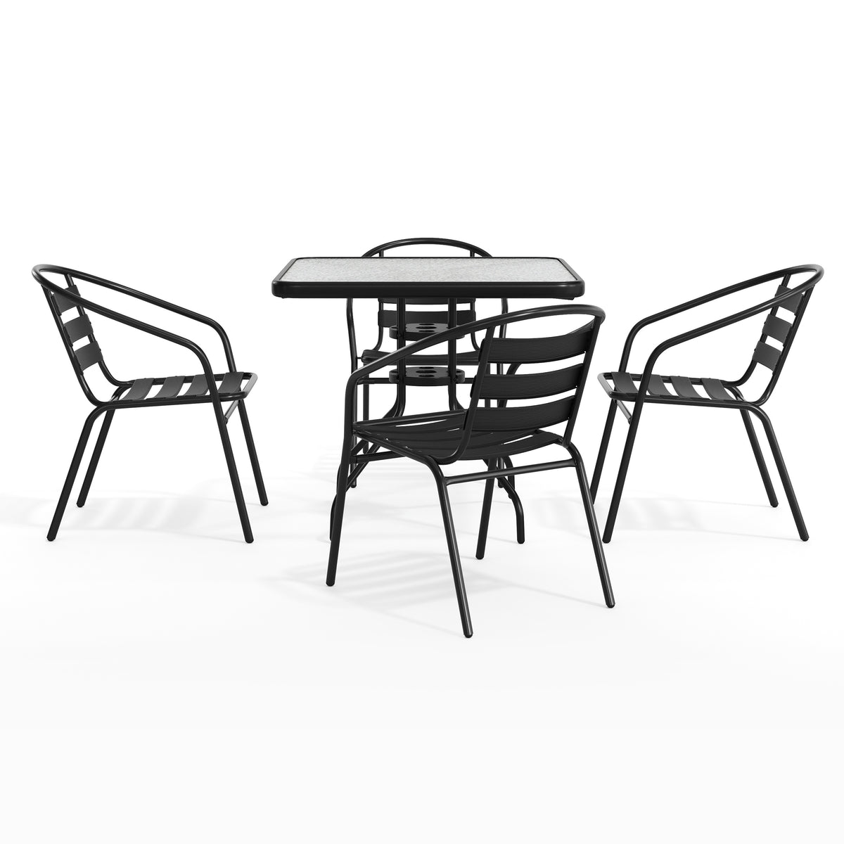 Lila 31.5'' Square Glass Metal Table with 4 Metal Aluminum Slat Stack Chairs
