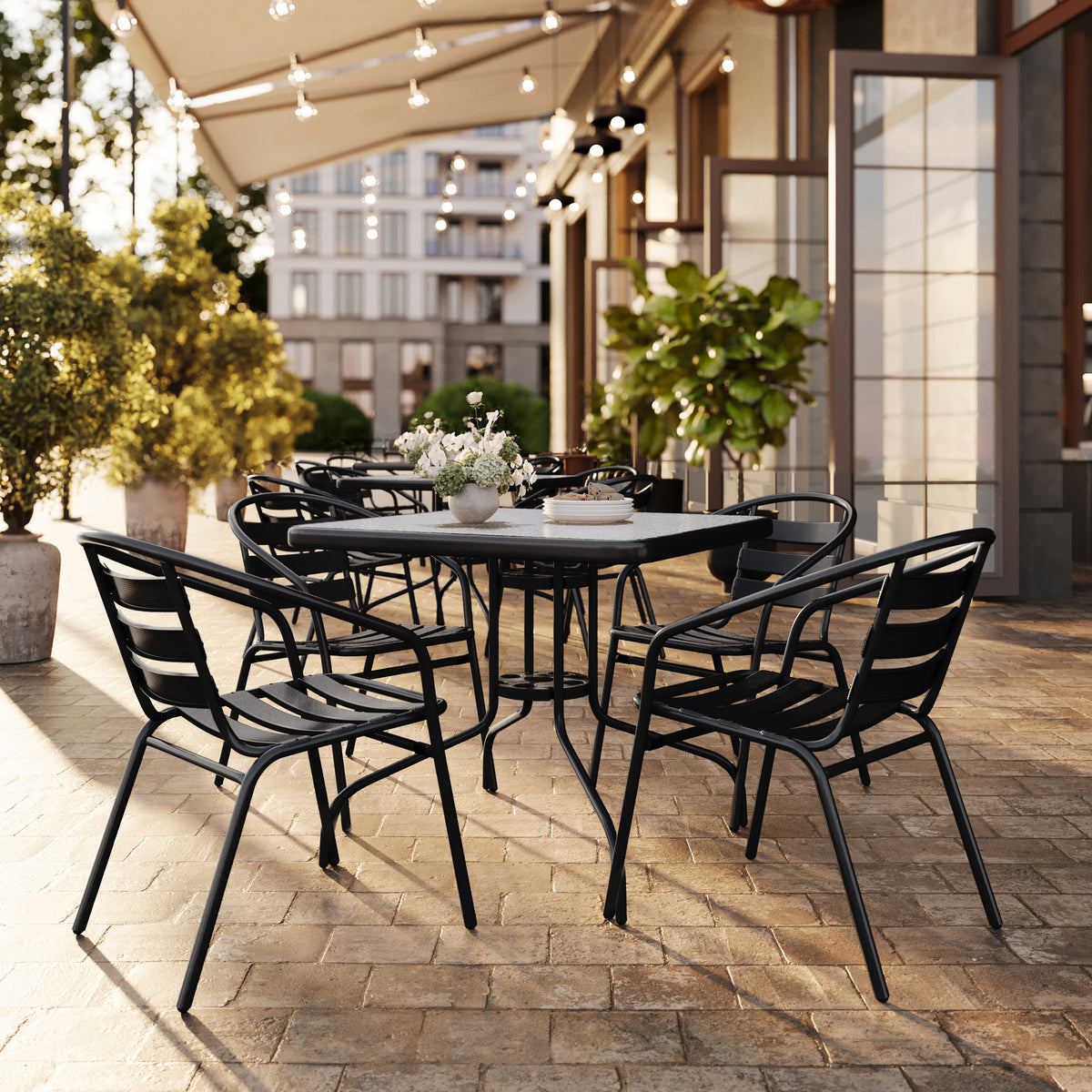 Lila 31.5'' Square Glass Metal Table with 4 Metal Aluminum Slat Stack Chairs