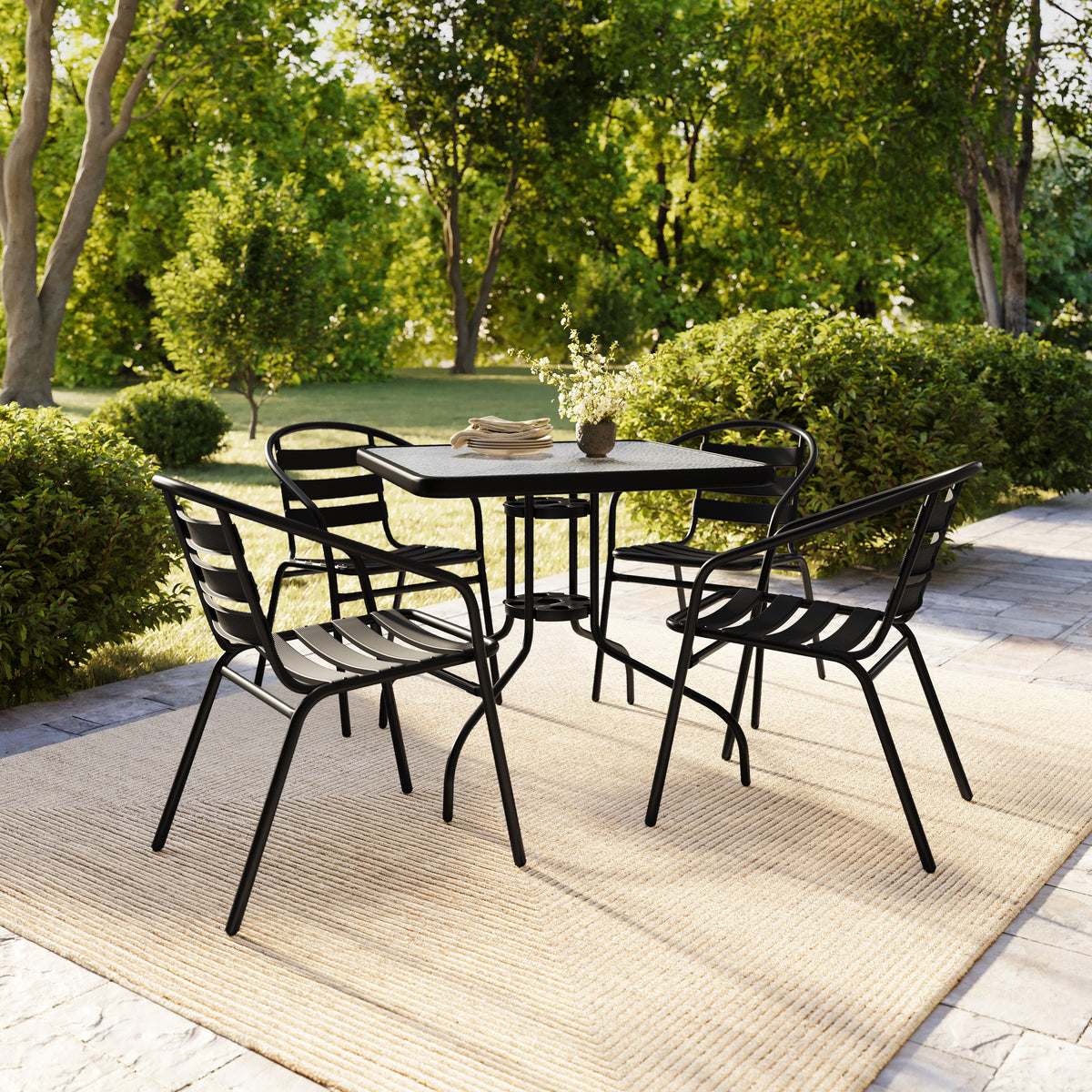 Lila 31.5'' Square Glass Metal Table with 4 Metal Aluminum Slat Stack Chairs