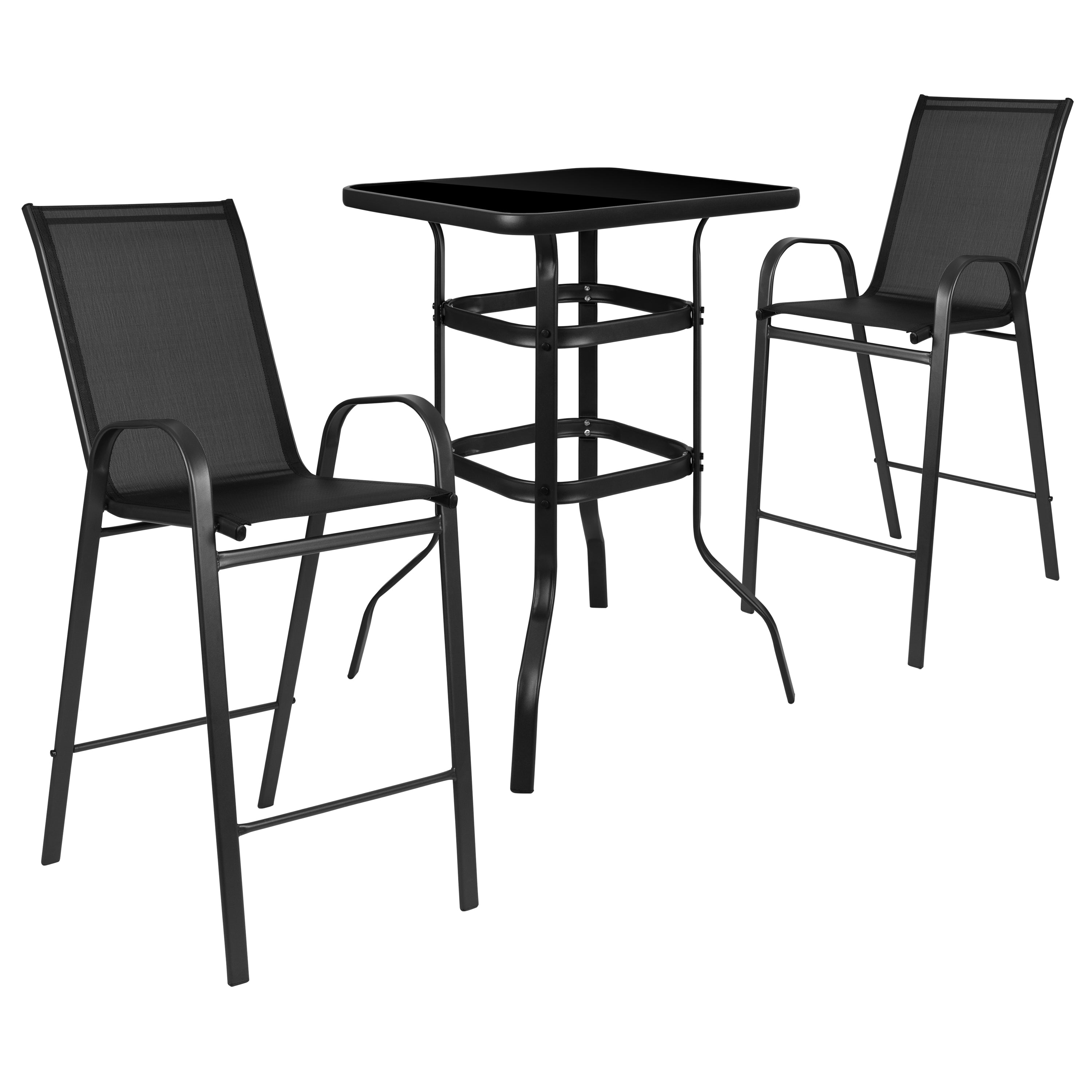 Brazos Outdoor Dining Set - 2-Person Bistro Set - Outdoor Glass Bar Table with All-Weather Patio Stools-Indoor/Outdoor Dining Sets-Flash Furniture-Wall2Wall Furnishings