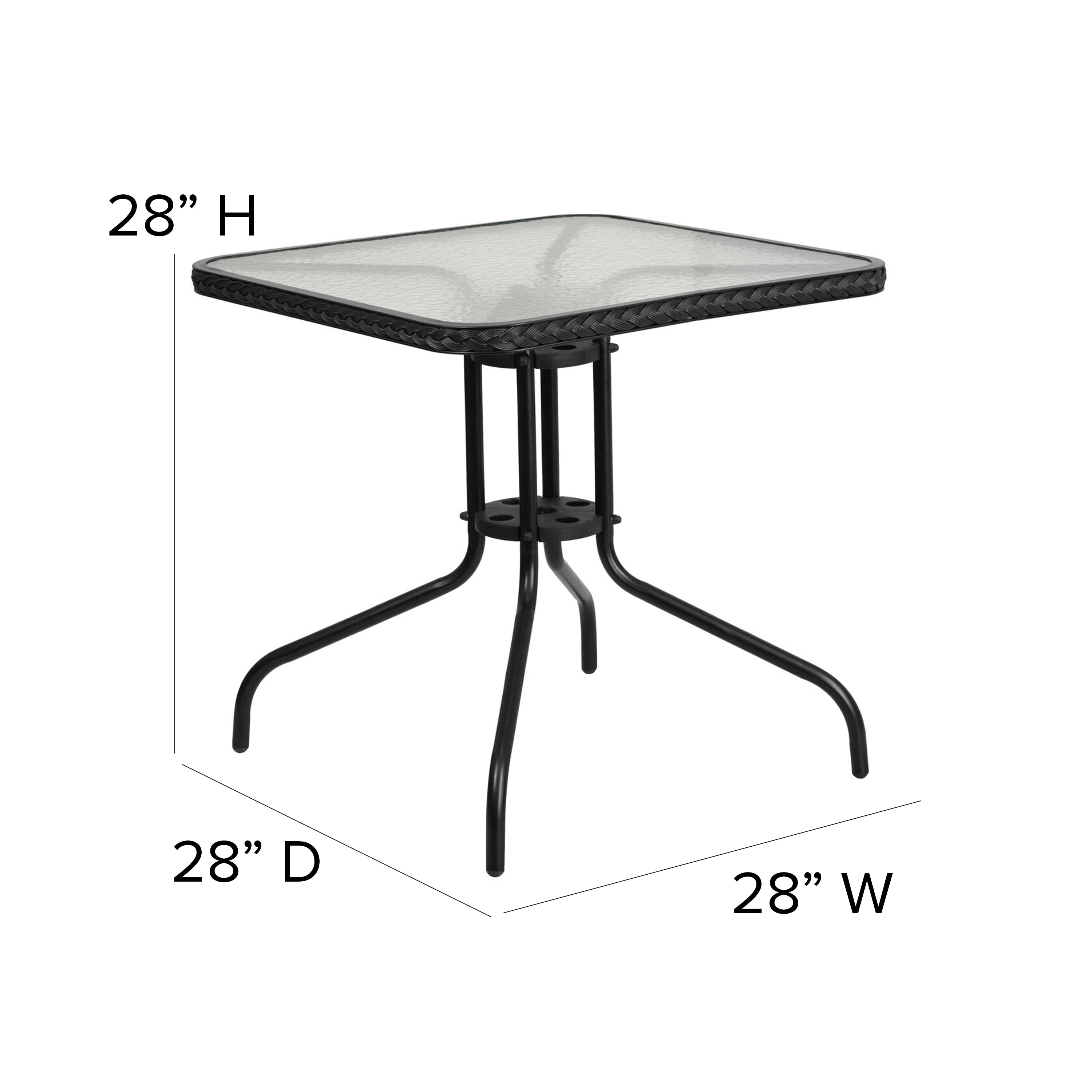 Barker 28'' Square Tempered Glass Metal Table with Rattan Edging-Indoor/Outdoor Tables-Flash Furniture-Wall2Wall Furnishings