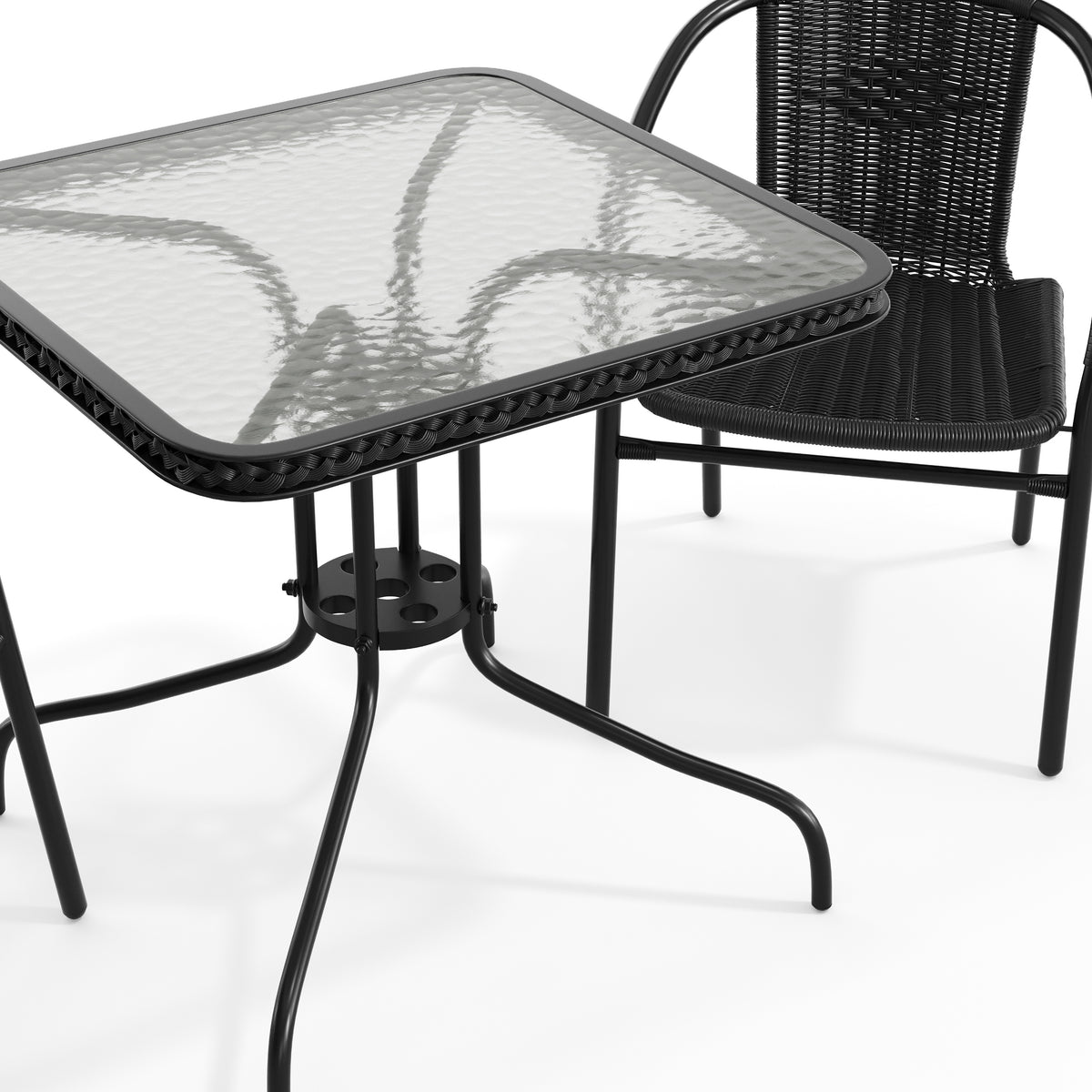 Barker 28'' Square Glass Metal Table with Rattan Edging and 2 Rattan Stack Chairs