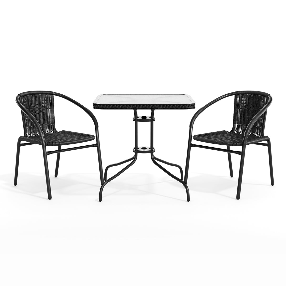 Barker 28'' Square Glass Metal Table with Rattan Edging and 2 Rattan Stack Chairs