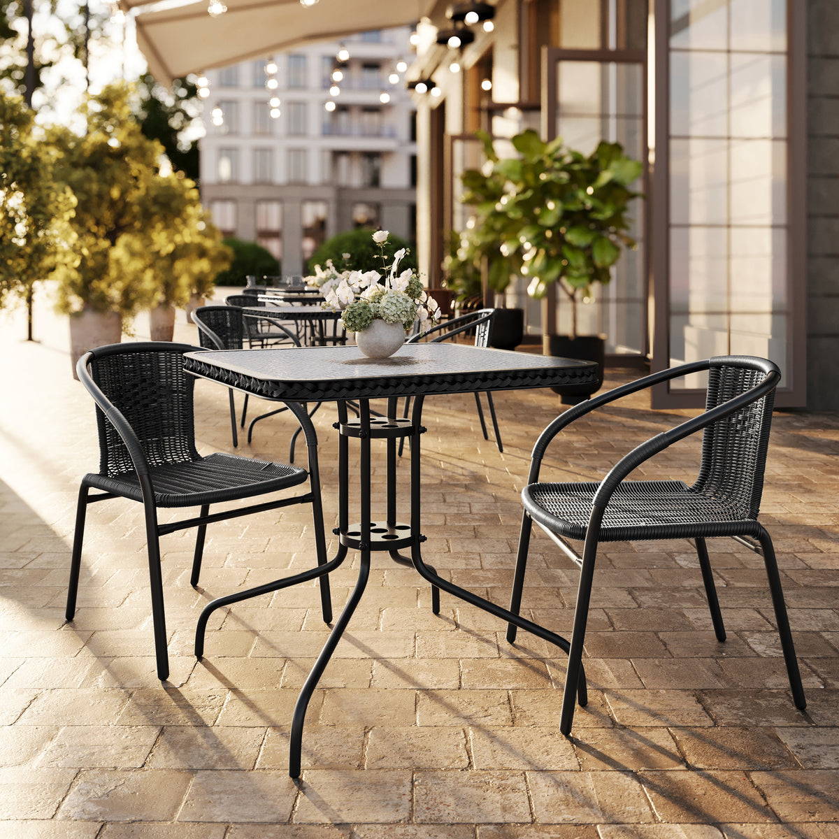 Barker 28'' Square Glass Metal Table with Rattan Edging and 2 Rattan Stack Chairs
