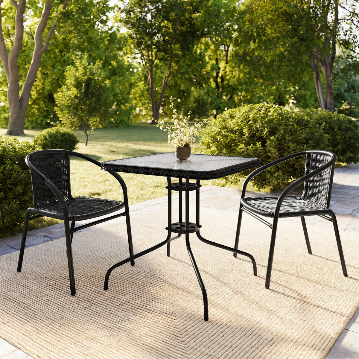 Barker 28'' Square Glass Metal Table with Rattan Edging and 2 Rattan Stack Chairs