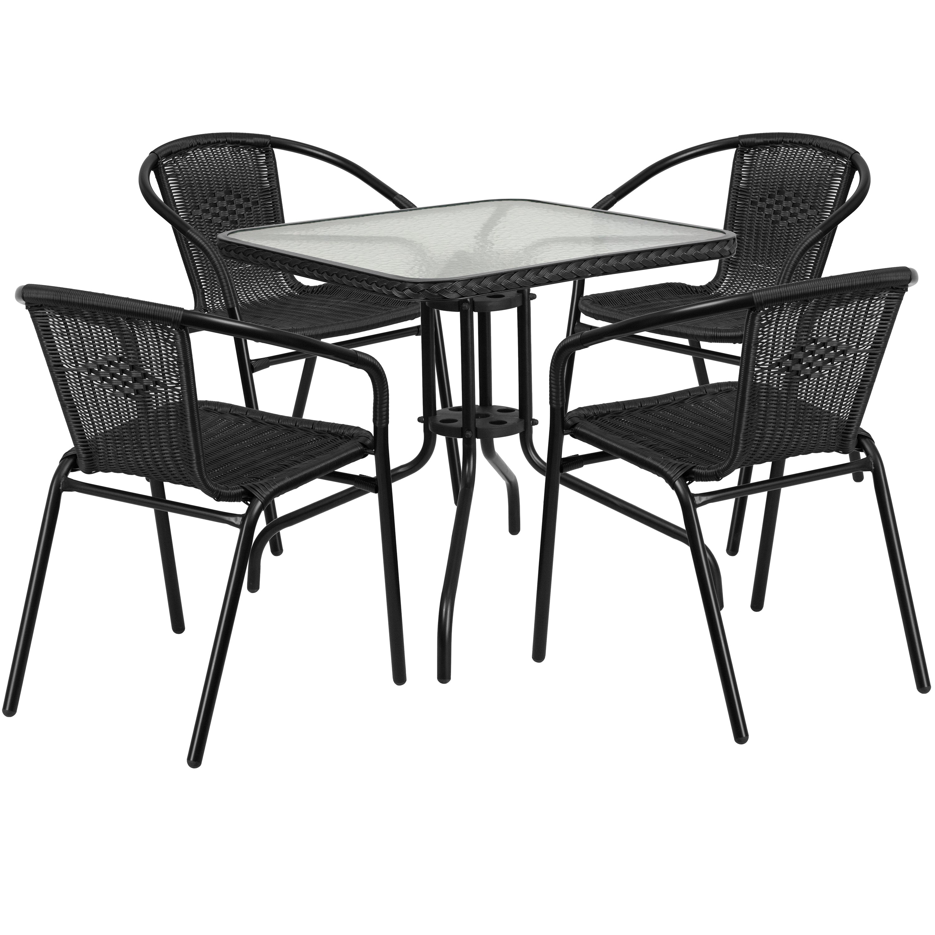 Barker 28'' Square Glass Metal Table with Rattan Edging and 4 Rattan Stack Chairs-Indoor/Outdoor Dining Sets-Flash Furniture-Wall2Wall Furnishings