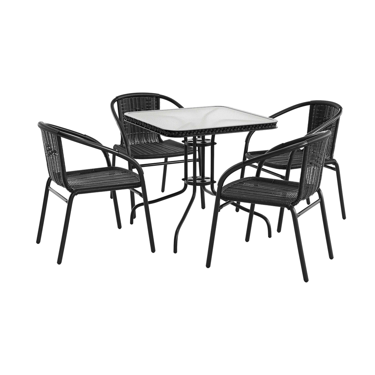 Barker 28'' Square Glass Metal Table with Rattan Edging and 4 Rattan Stack Chairs