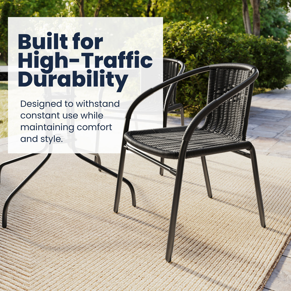 Barker 28'' Square Glass Metal Table with Rattan Edging and 4 Rattan Stack Chairs