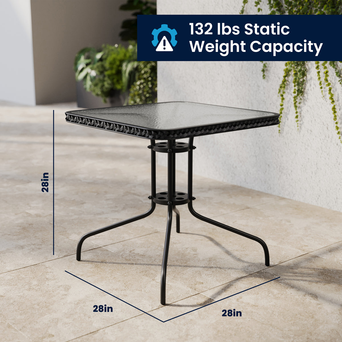 Barker 28'' Square Glass Metal Table with Rattan Edging and 4 Rattan Stack Chairs