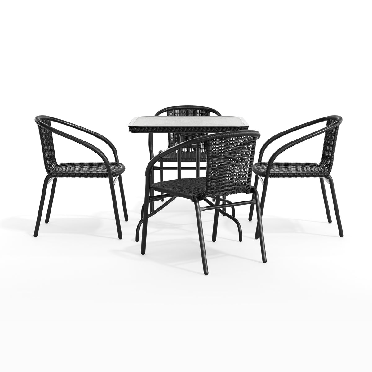 Barker 28'' Square Glass Metal Table with Rattan Edging and 4 Rattan Stack Chairs