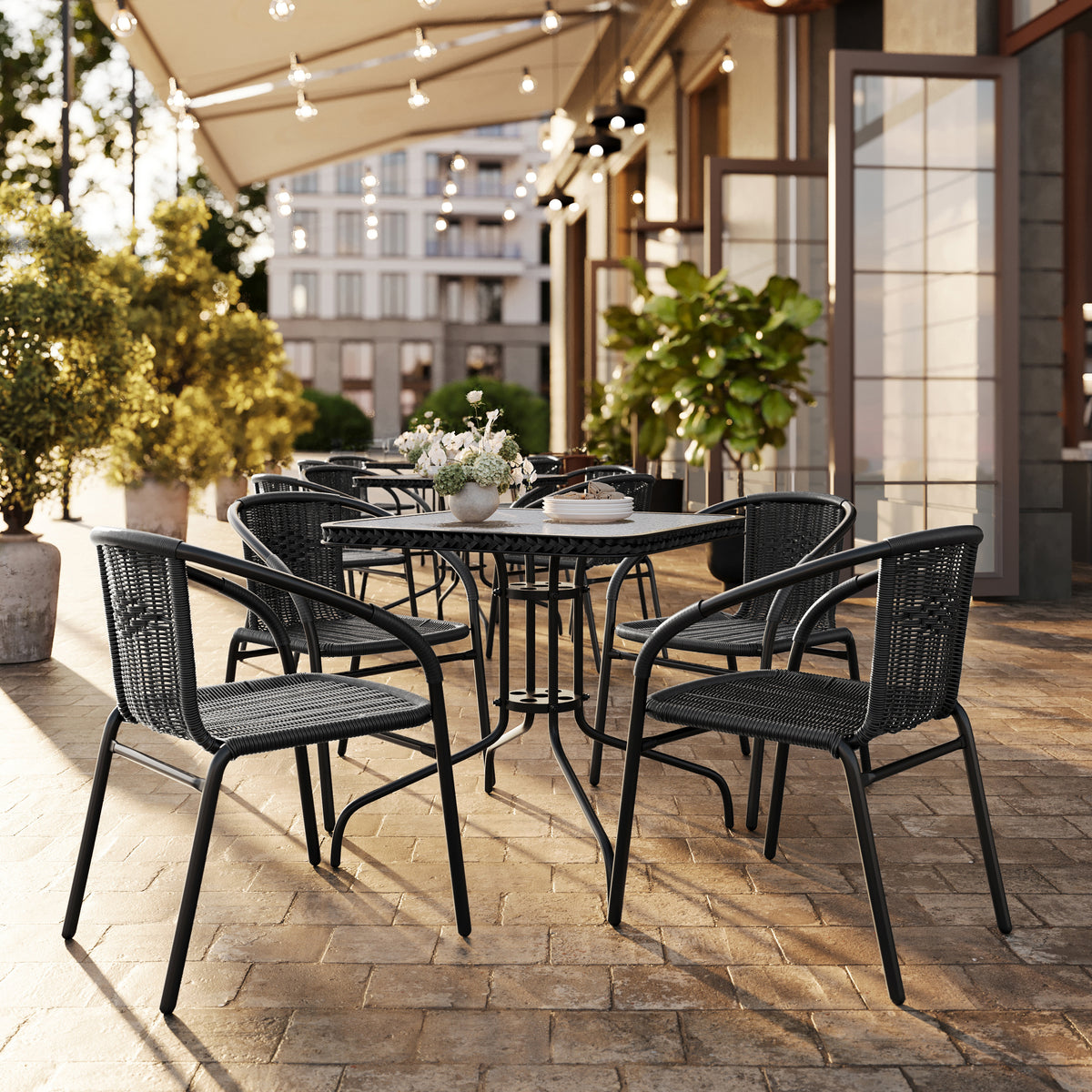 Barker 28'' Square Glass Metal Table with Rattan Edging and 4 Rattan Stack Chairs