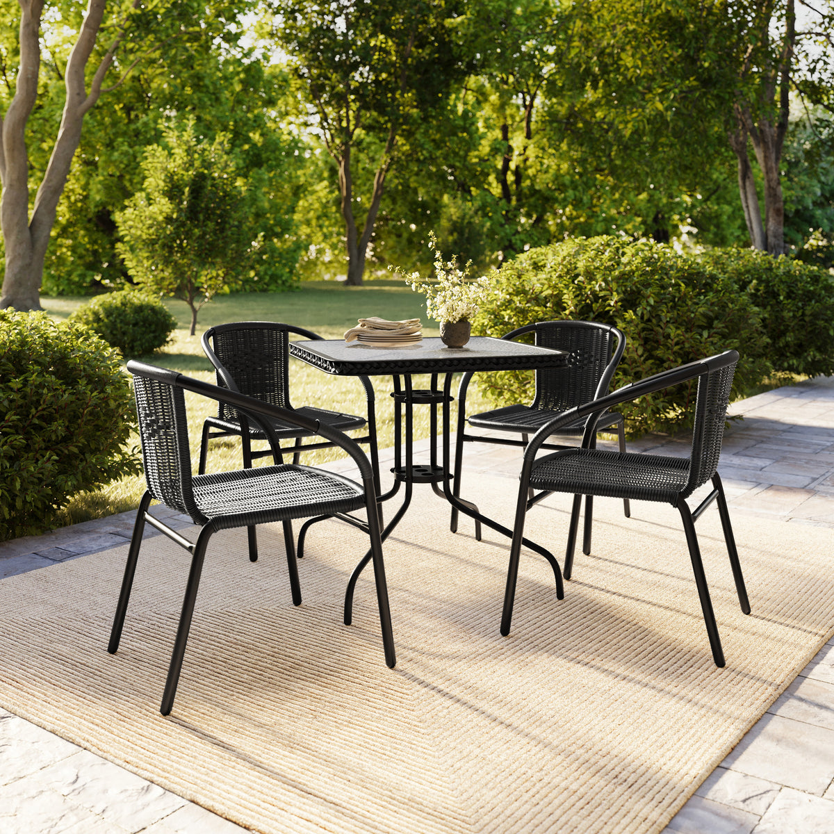 Barker 28'' Square Glass Metal Table with Rattan Edging and 4 Rattan Stack Chairs