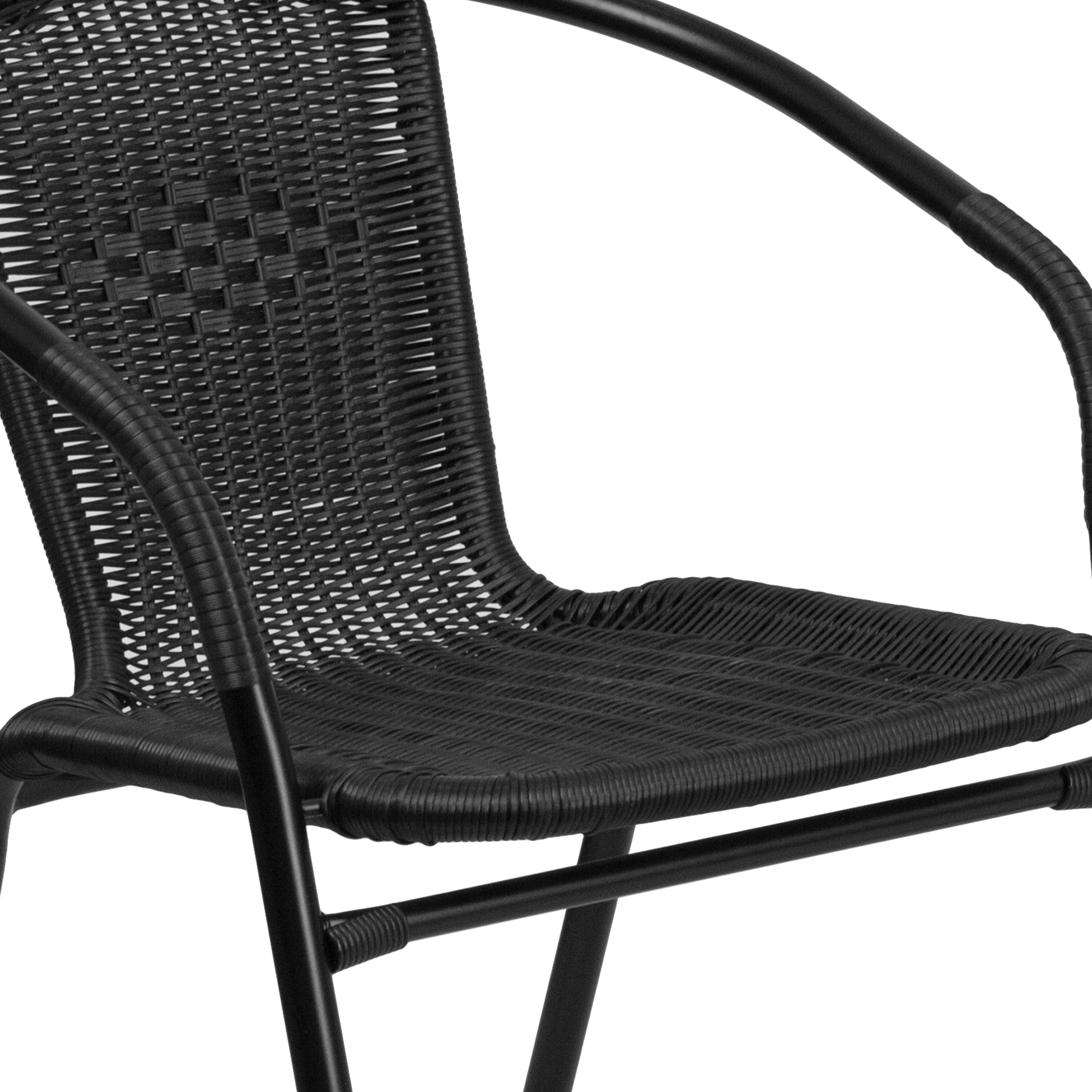 Barker 28'' Square Glass Metal Table with Rattan Edging and 4 Rattan Stack Chairs-Indoor/Outdoor Dining Sets-Flash Furniture-Wall2Wall Furnishings