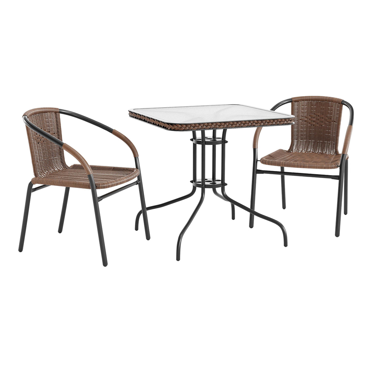 Barker 28'' Square Glass Metal Table with Rattan Edging and 2 Rattan Stack Chairs