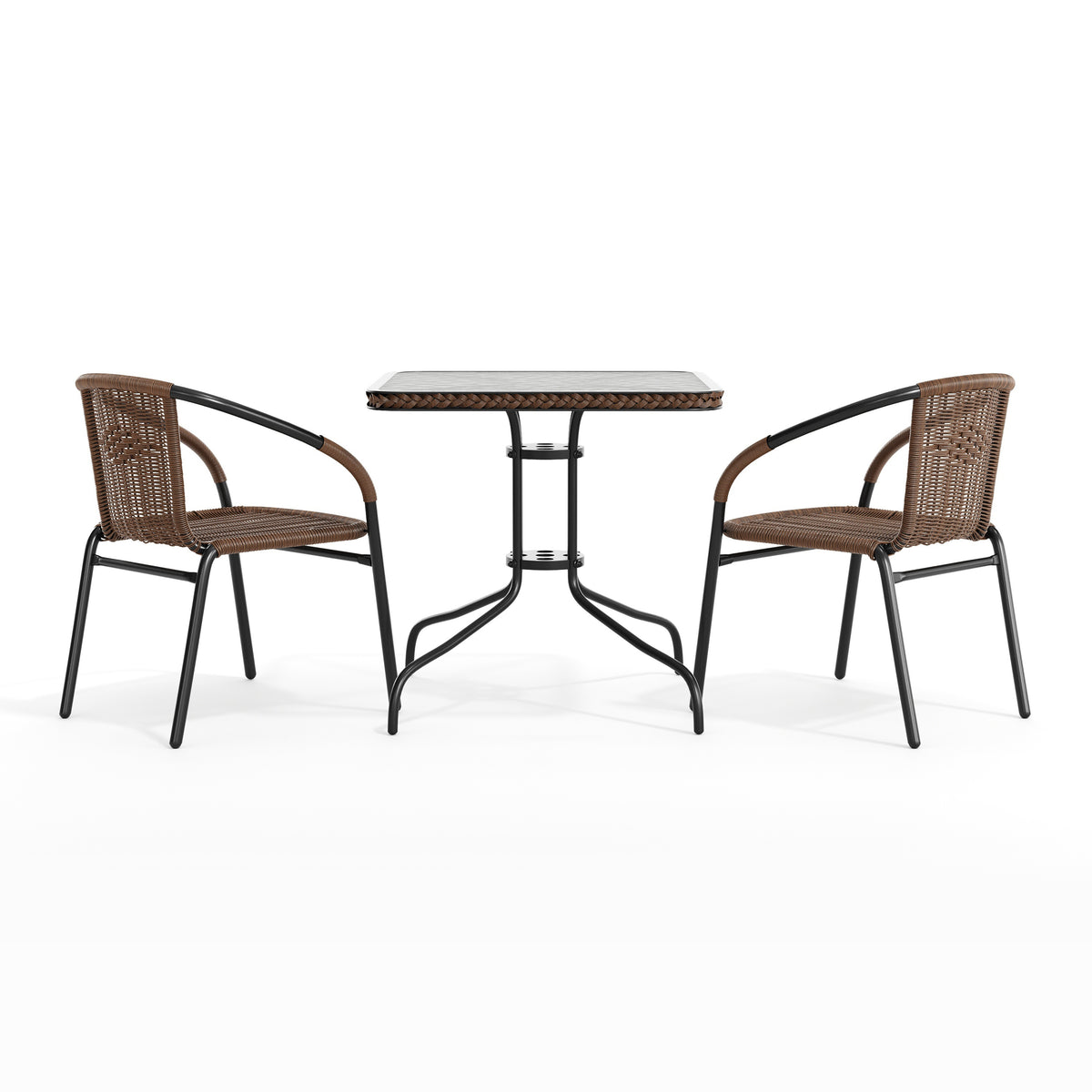 Barker 28'' Square Glass Metal Table with Rattan Edging and 2 Rattan Stack Chairs