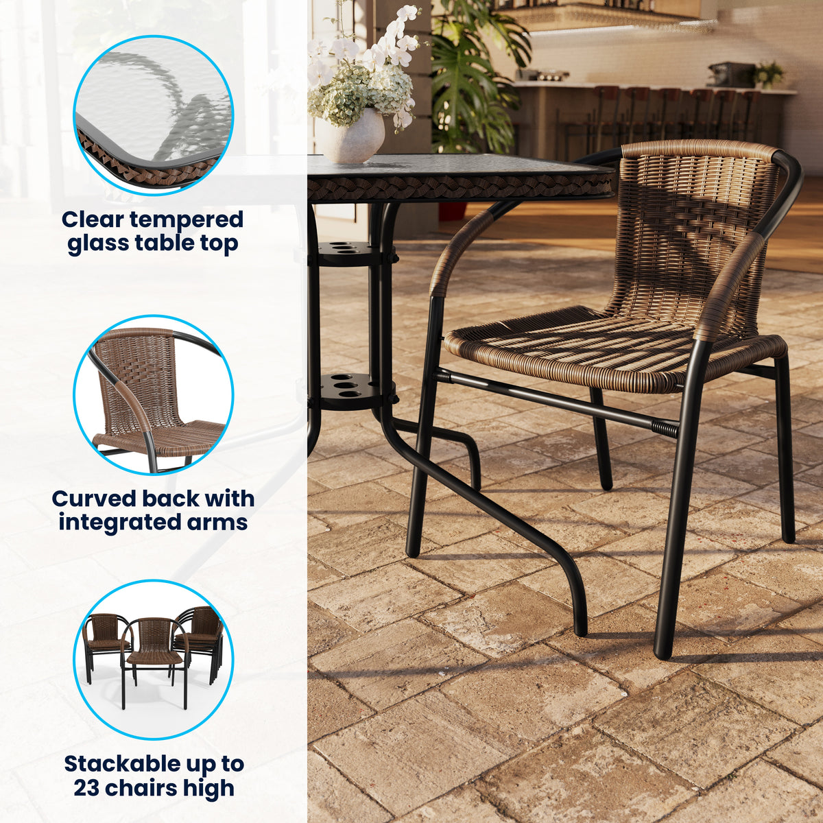 Barker 28'' Square Glass Metal Table with Rattan Edging and 2 Rattan Stack Chairs