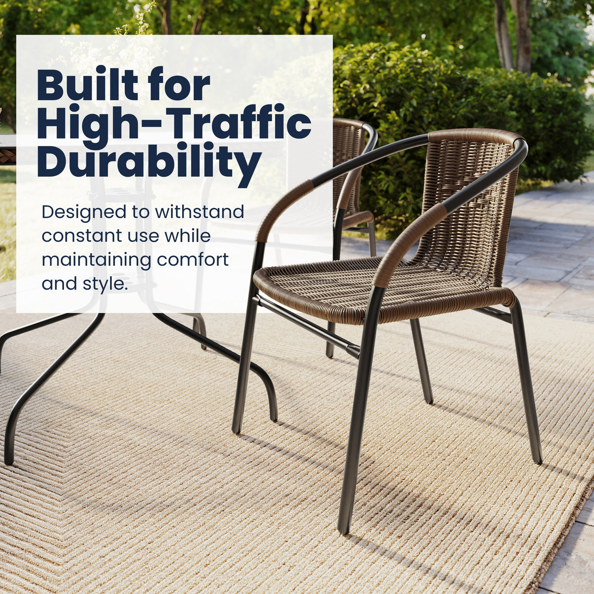 Barker 28'' Square Glass Metal Table with Rattan Edging and 2 Rattan Stack Chairs