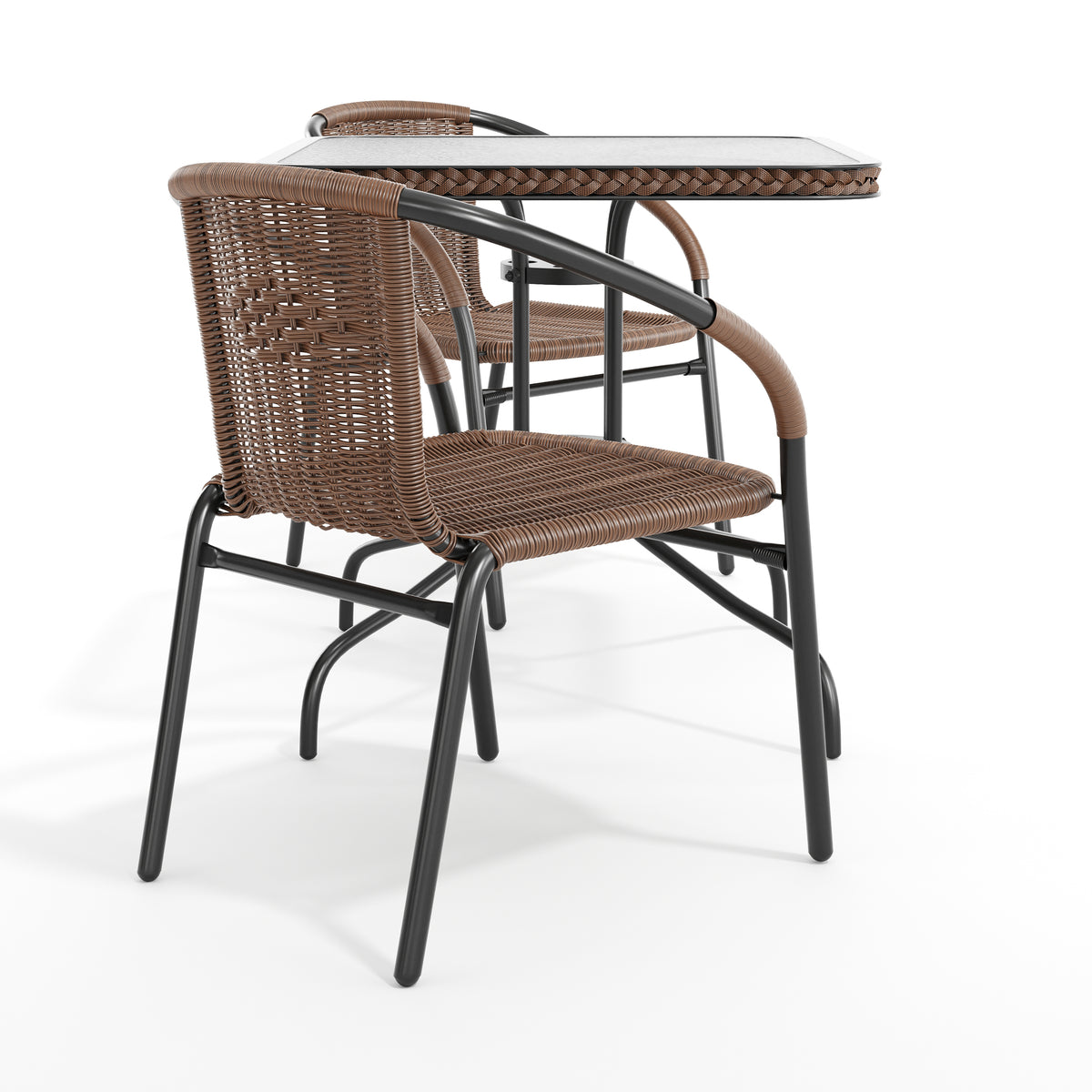 Barker 28'' Square Glass Metal Table with Rattan Edging and 2 Rattan Stack Chairs