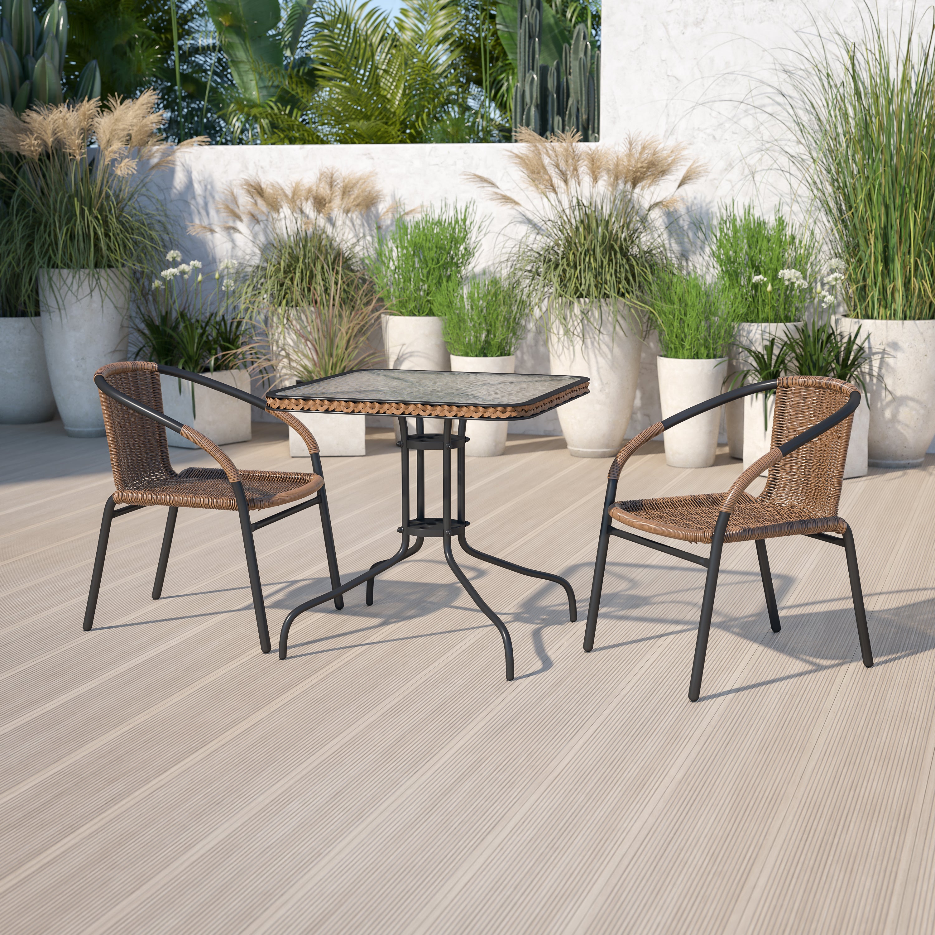 Barker 28'' Square Glass Metal Table with Rattan Edging and 2 Rattan Stack Chairs-Indoor/Outdoor Dining Sets-Flash Furniture-Wall2Wall Furnishings