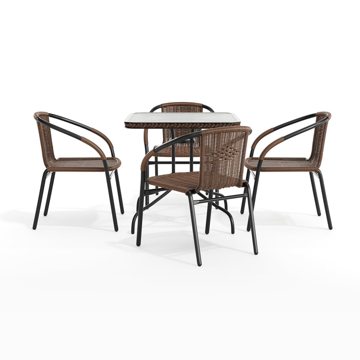 Barker 28'' Square Glass Metal Table with Rattan Edging and 4 Rattan Stack Chairs