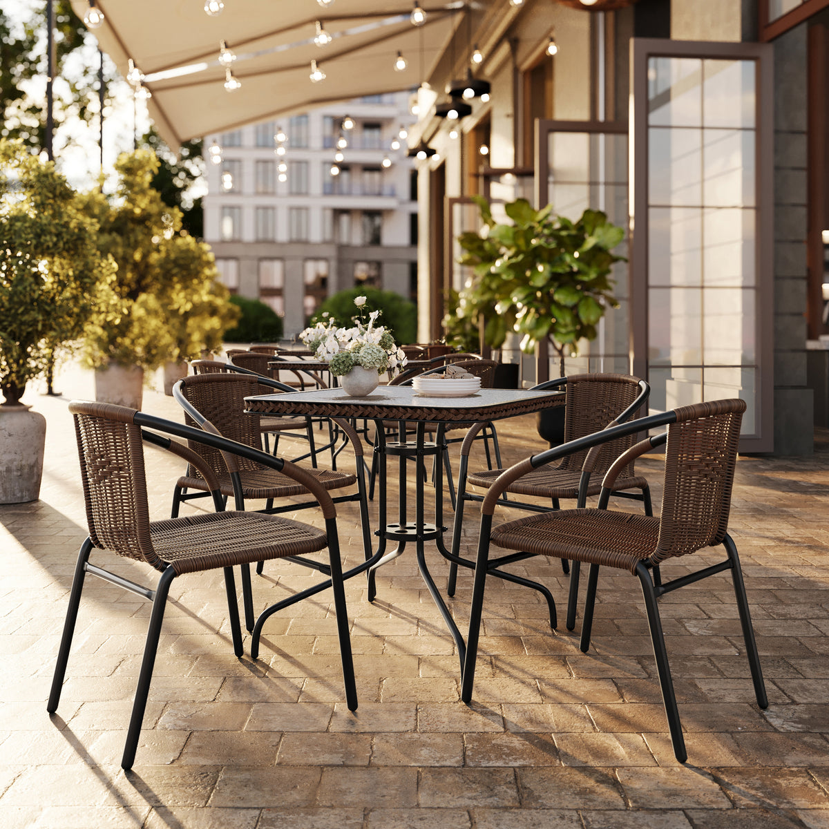 Barker 28'' Square Glass Metal Table with Rattan Edging and 4 Rattan Stack Chairs