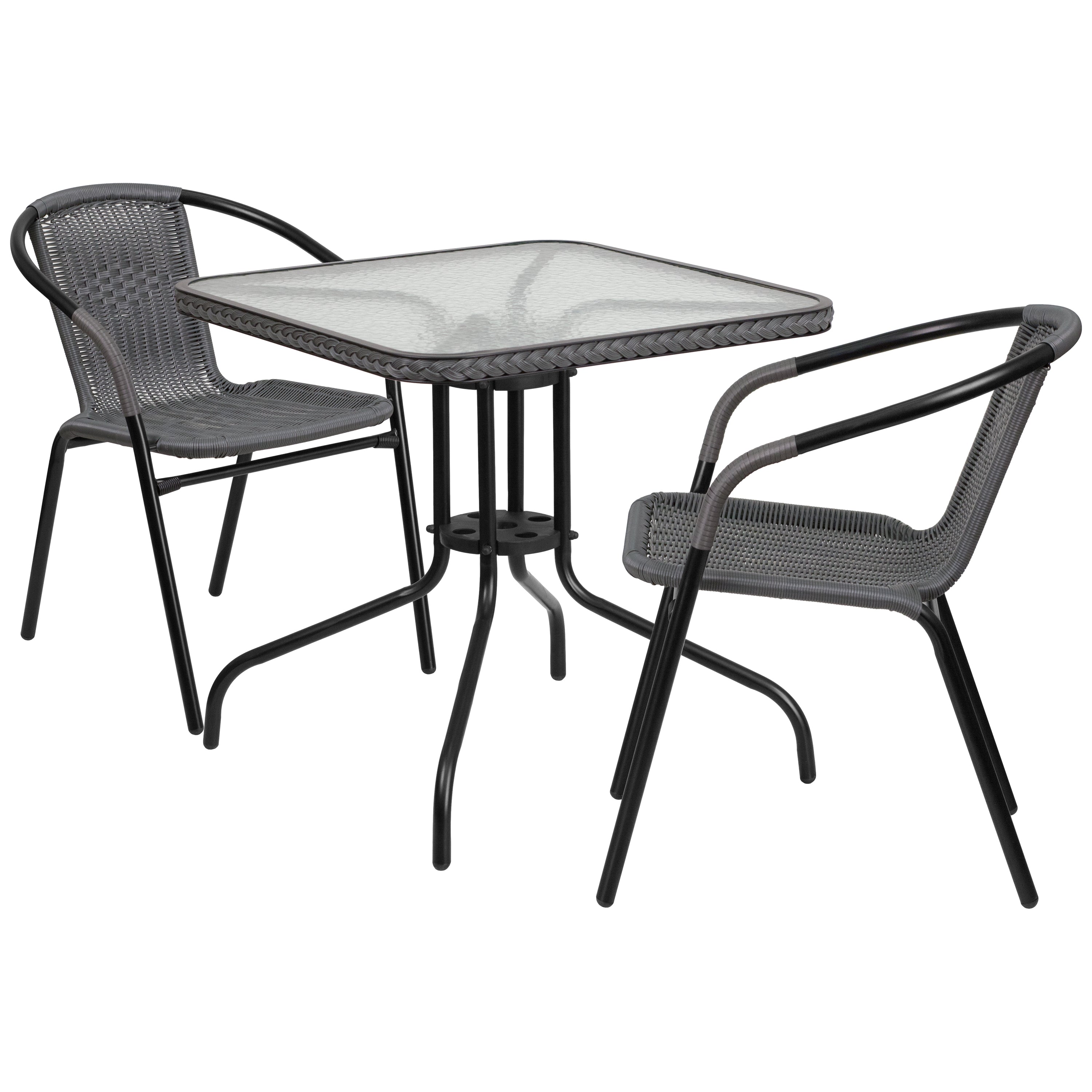 Barker 28'' Square Glass Metal Table with Rattan Edging and 2 Rattan Stack Chairs-Indoor/Outdoor Dining Sets-Flash Furniture-Wall2Wall Furnishings