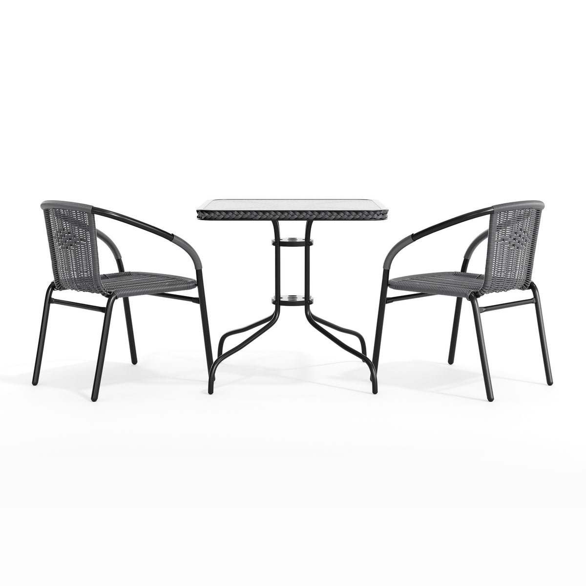 Barker 28'' Square Glass Metal Table with Rattan Edging and 2 Rattan Stack Chairs
