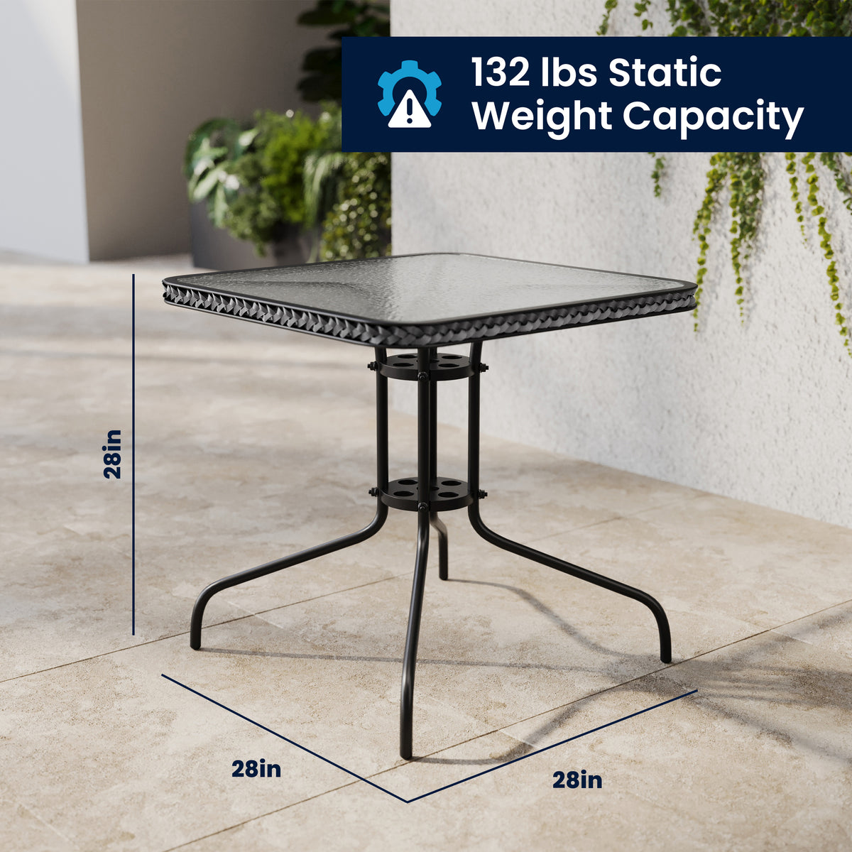 Barker 28'' Square Glass Metal Table with Rattan Edging and 2 Rattan Stack Chairs