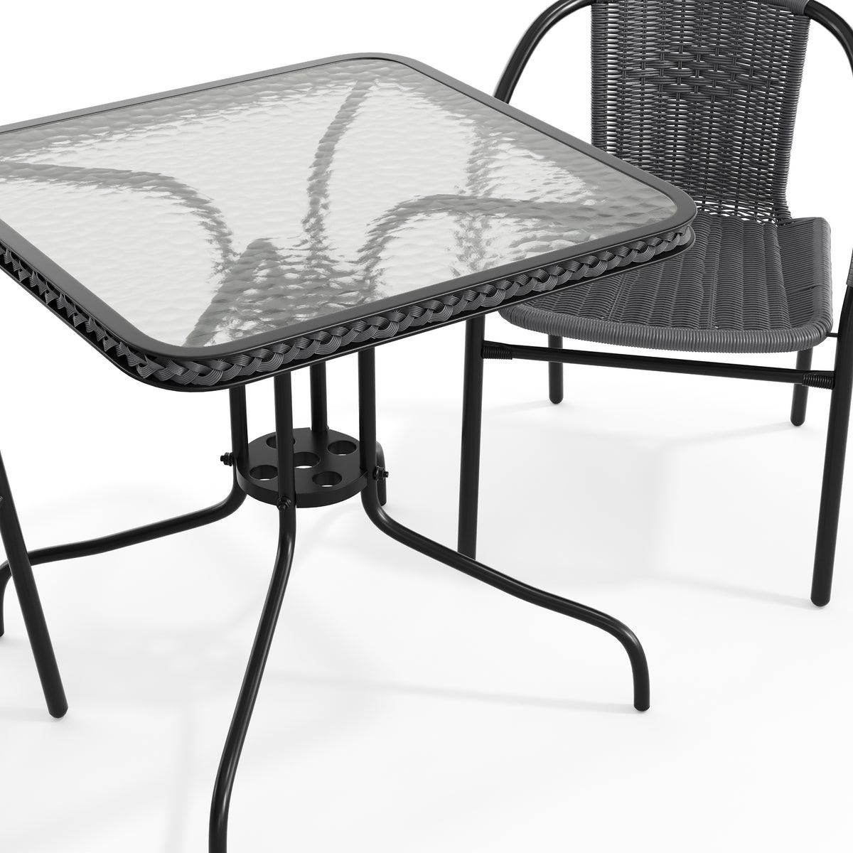 Barker 28'' Square Glass Metal Table with Rattan Edging and 2 Rattan Stack Chairs