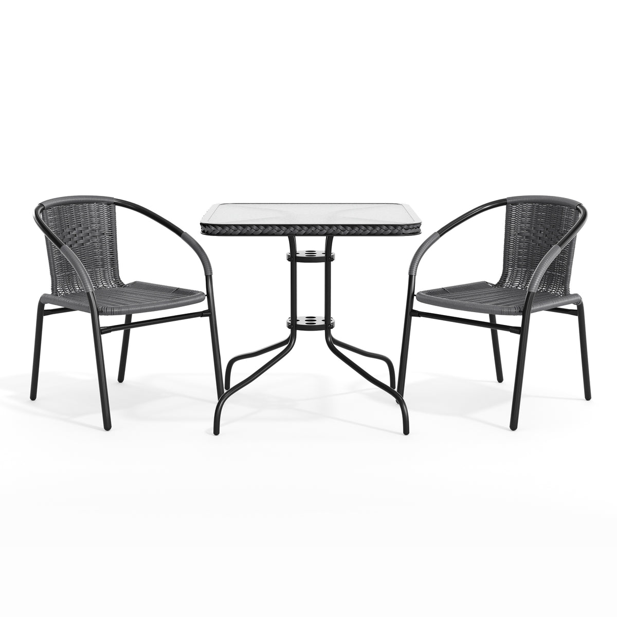 Barker 28'' Square Glass Metal Table with Rattan Edging and 2 Rattan Stack Chairs