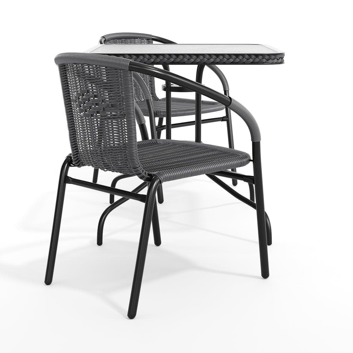 Barker 28'' Square Glass Metal Table with Rattan Edging and 2 Rattan Stack Chairs