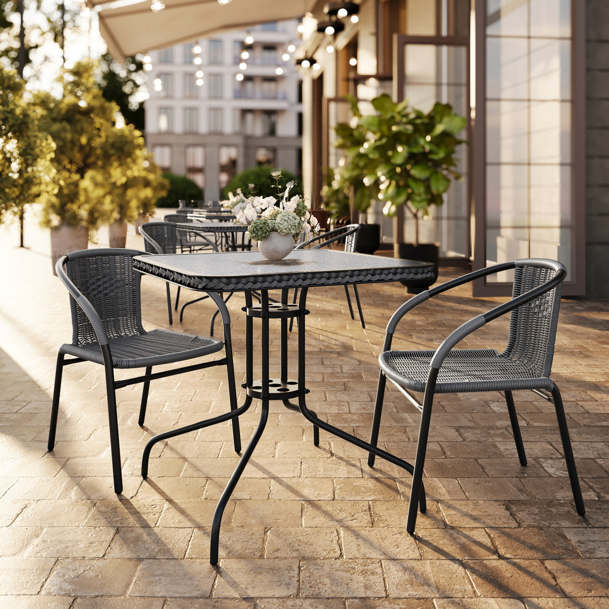 Barker 28'' Square Glass Metal Table with Rattan Edging and 2 Rattan Stack Chairs