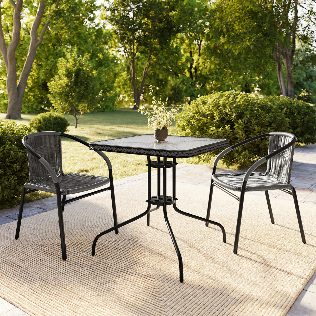 Barker 28'' Square Glass Metal Table with Rattan Edging and 2 Rattan Stack Chairs