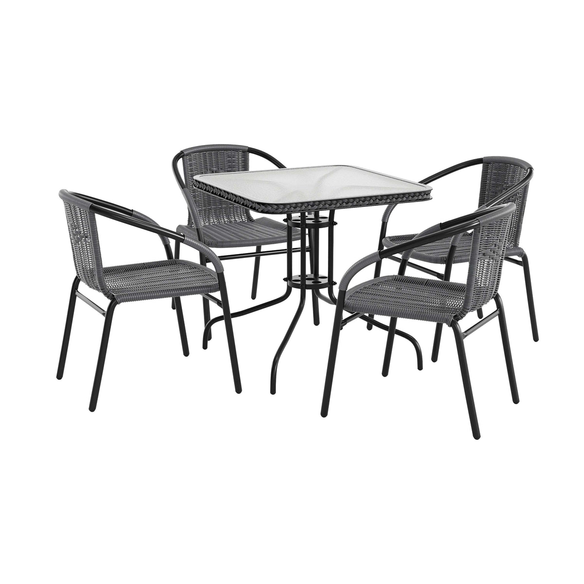 Barker 28'' Square Glass Metal Table with Rattan Edging and 4 Rattan Stack Chairs