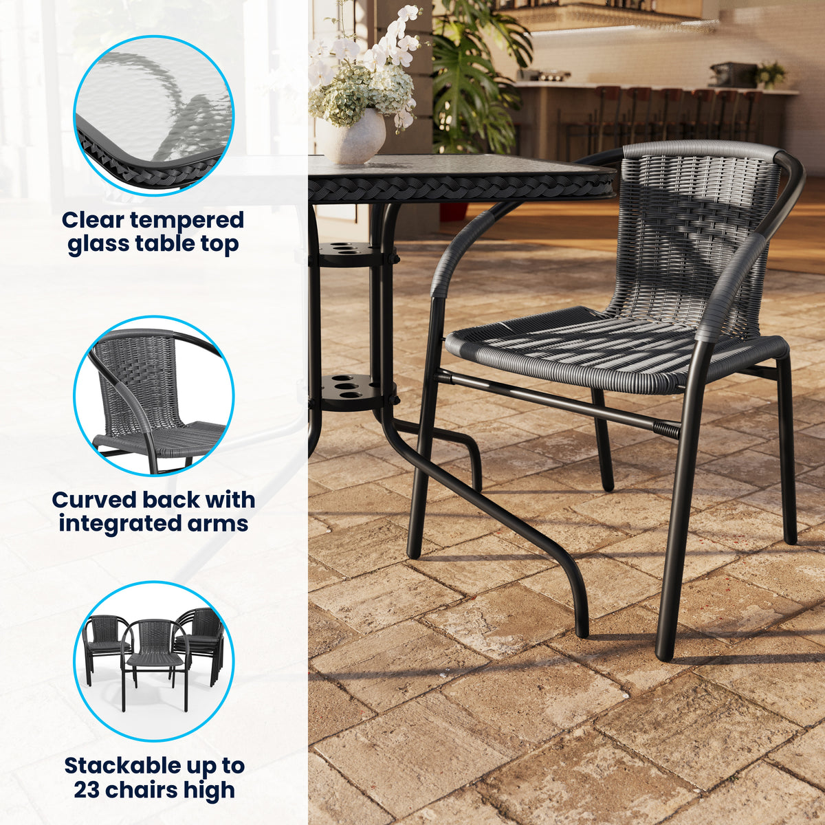 Barker 28'' Square Glass Metal Table with Rattan Edging and 4 Rattan Stack Chairs