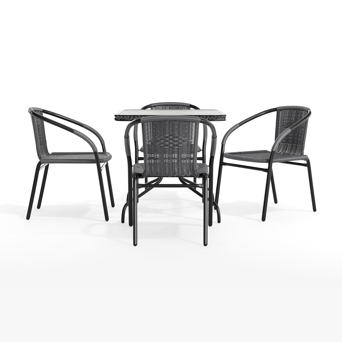 Barker 28'' Square Glass Metal Table with Rattan Edging and 4 Rattan Stack Chairs