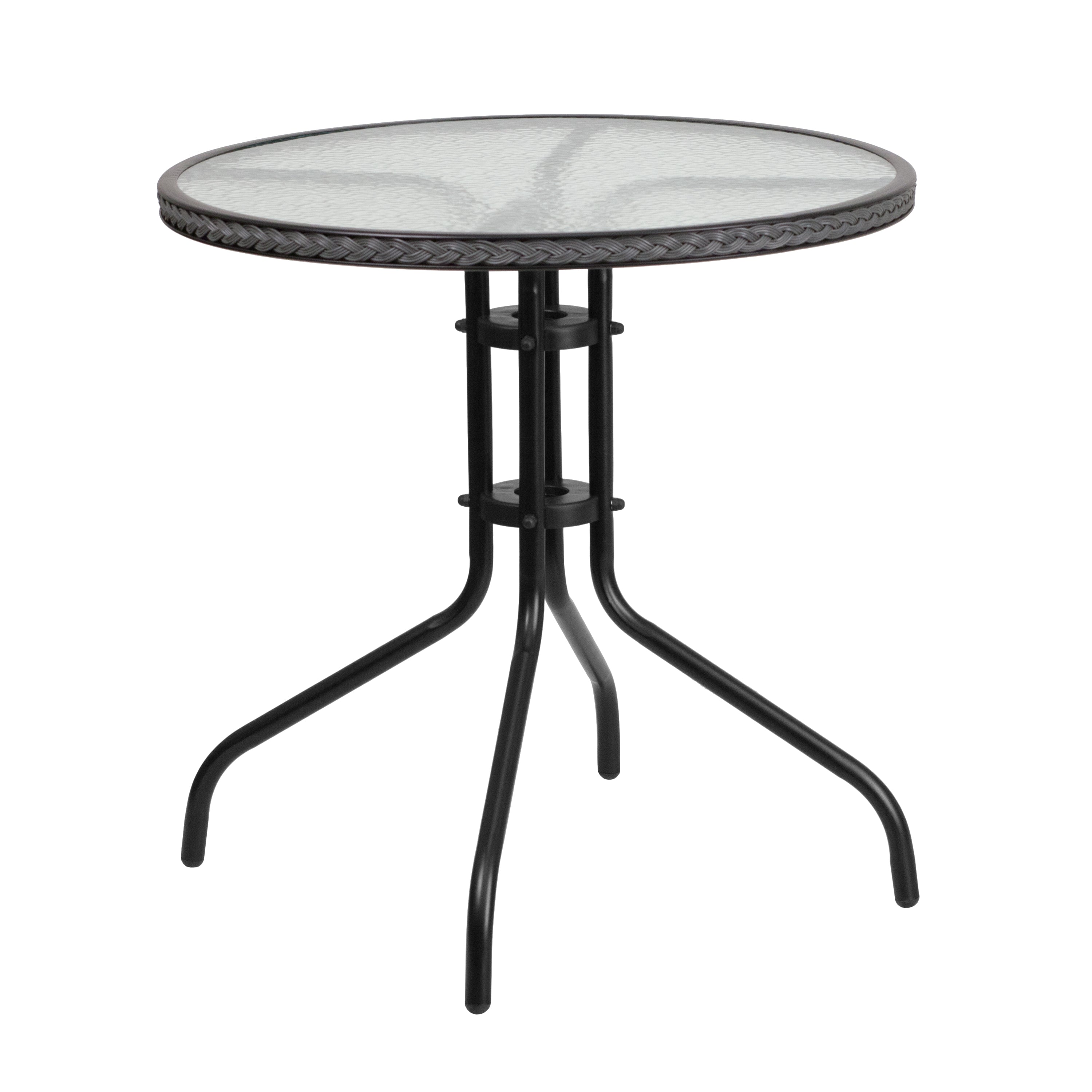 Barker 28'' Round Tempered Glass Metal Table with Rattan Edging-Indoor/Outdoor Tables-Flash Furniture-Wall2Wall Furnishings