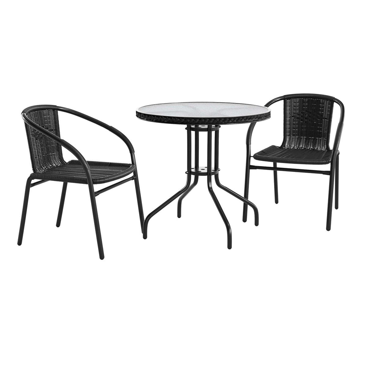 Barker 28'' Round Glass Metal Table with Rattan Edging and 2 Rattan Stack Chairs