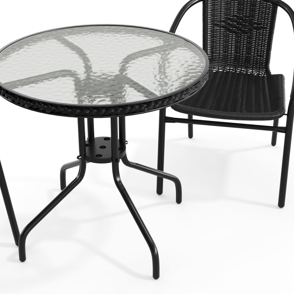 Barker 28'' Round Glass Metal Table with Rattan Edging and 2 Rattan Stack Chairs